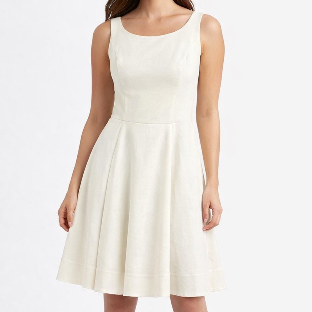 Ralph Lauren Textured Cotton Sleeveless Off White Fit and Flare Zip Back Dress